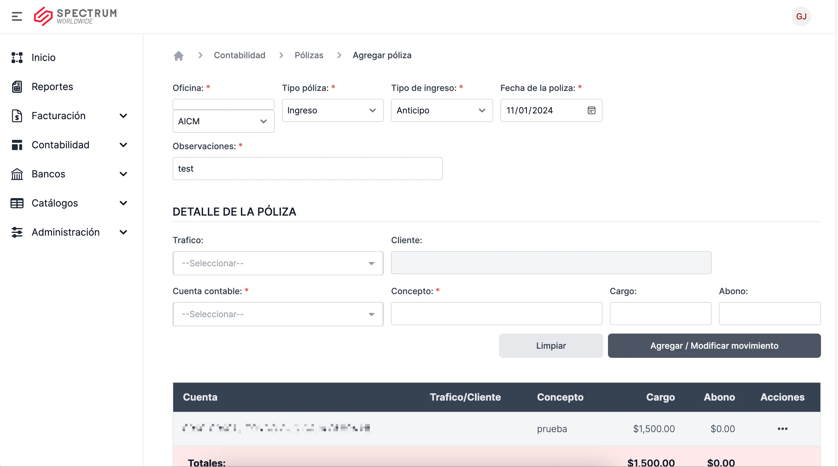 Formulario de alta de póliza contable con sus movimientos de cargo y abono.