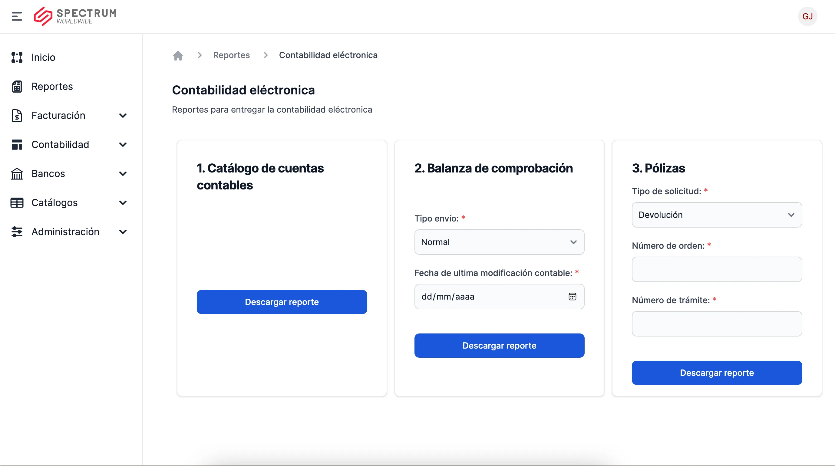Panel de reportes de contabilidad electrónica del sistema interno.