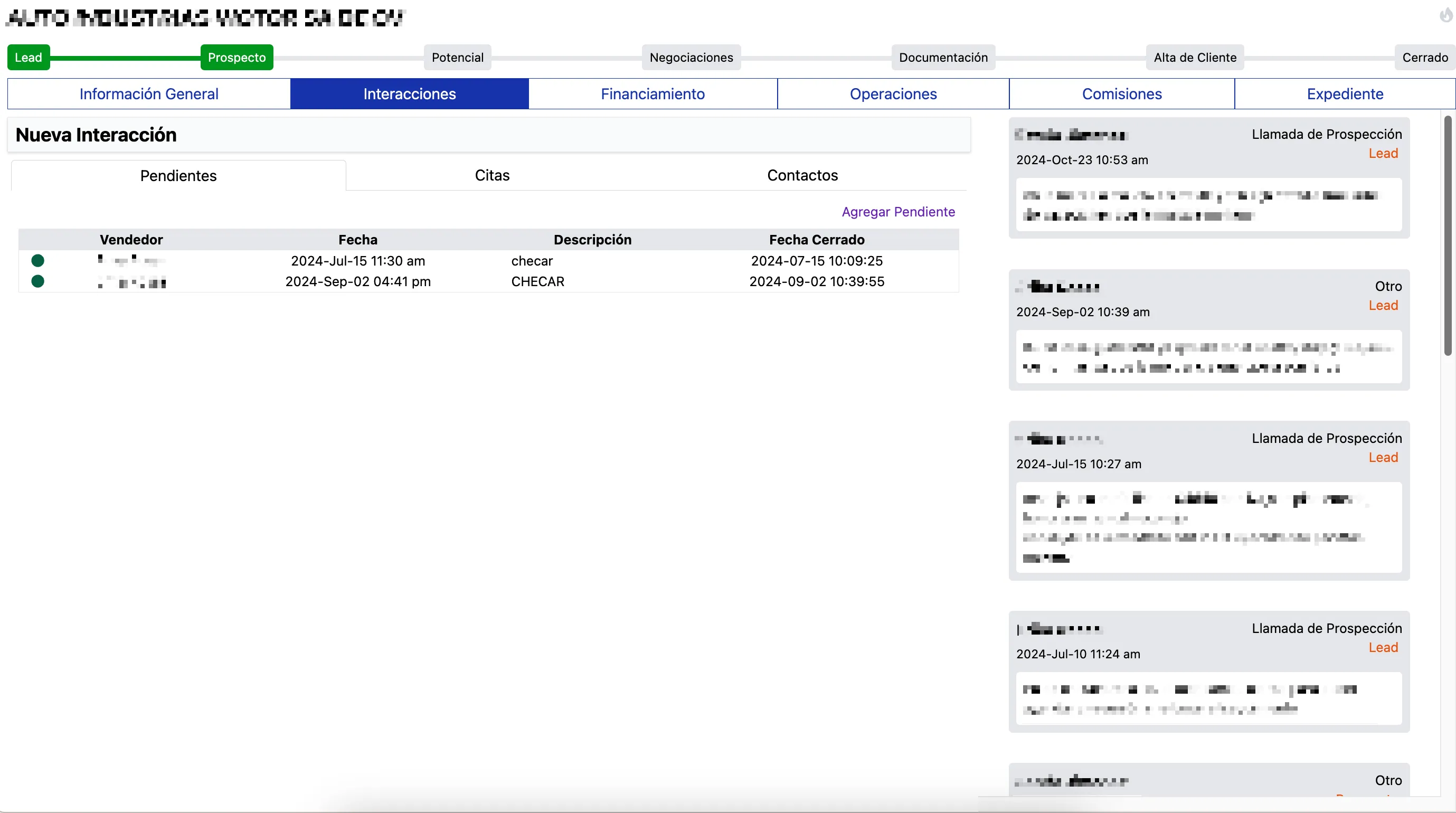 Bitácora de interacciones y llamadas con un prospecto en Convert.