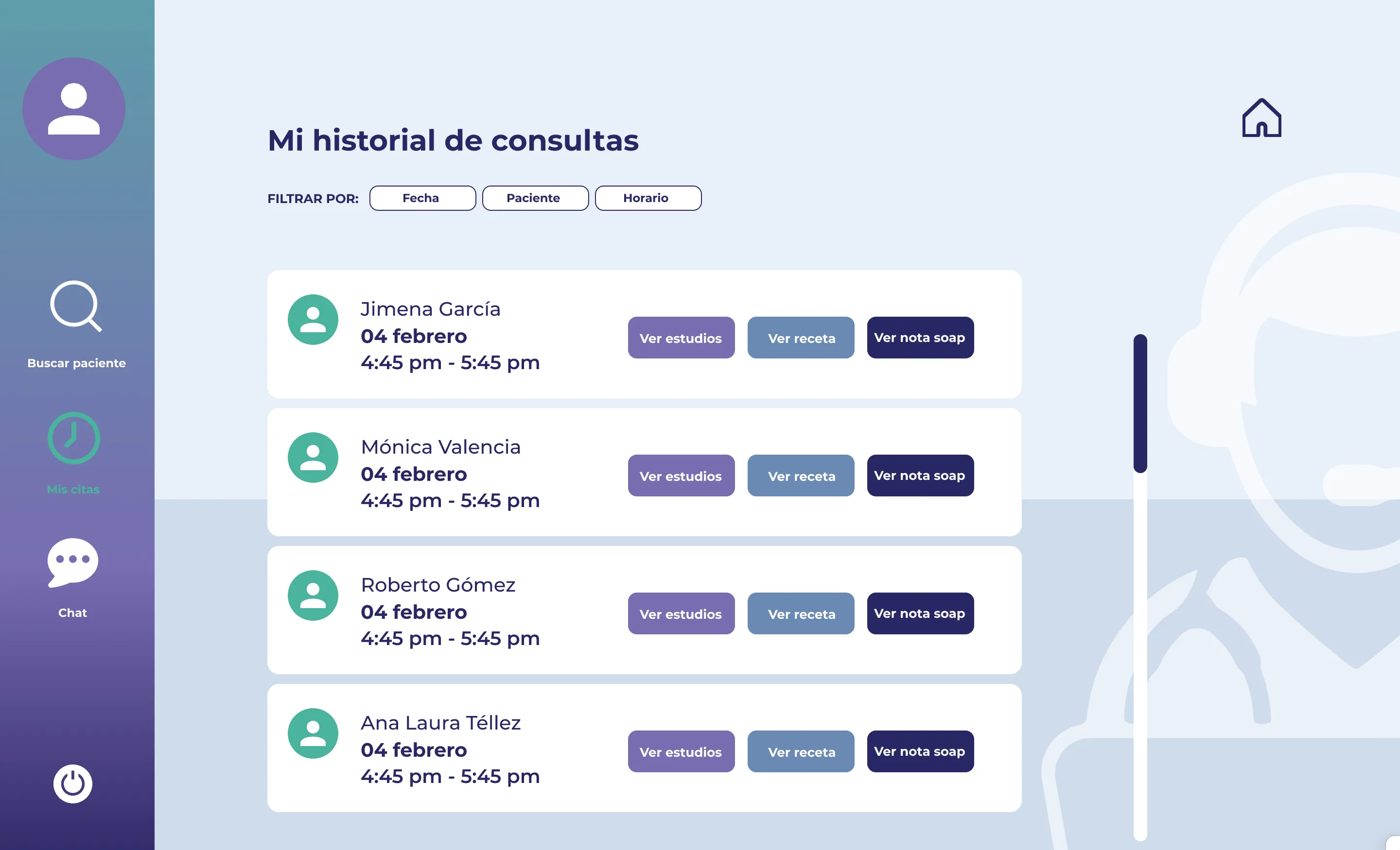 Historial de consultas atendidas por el médico.