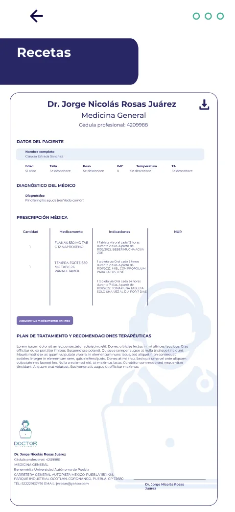 Receta médica emitida desde la consulta, con la indicación y el medicamento.