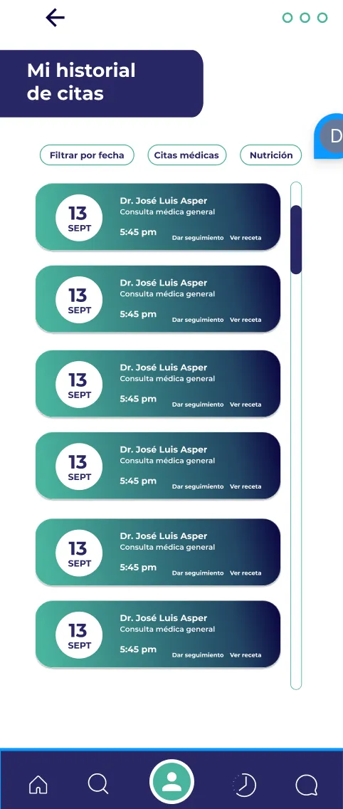 Historial de citas de un médico en Doctor Al Instante.