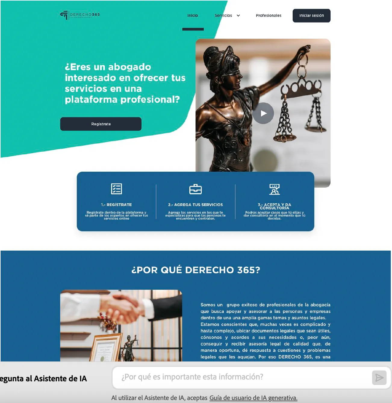 Portada de Abogados 365 con el flujo de asesoría jurídica y el asistente de documentos.