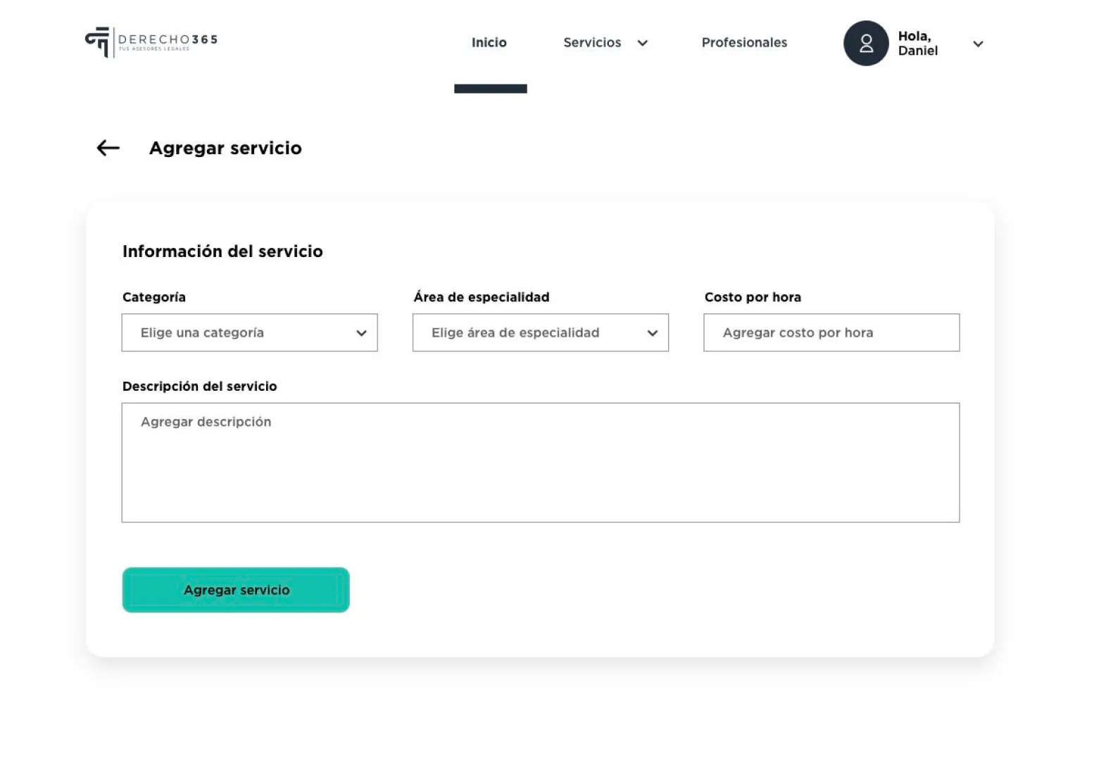 Alta de un servicio jurídico en el catálogo de Abogados 365.