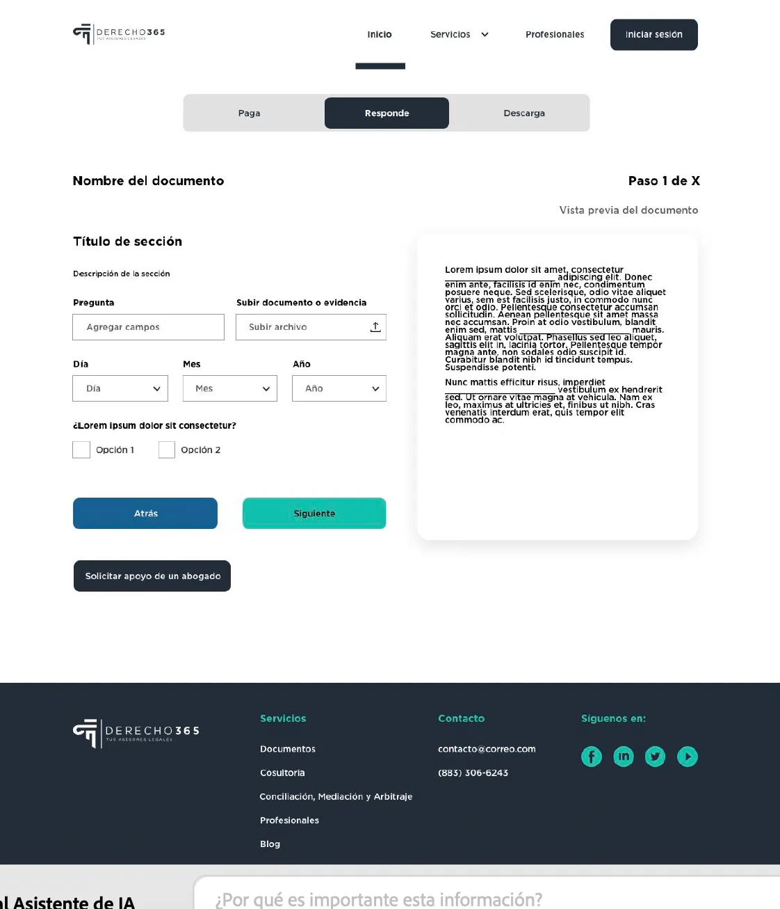 Asistente paso a paso para generar un documento legal en Abogados 365.