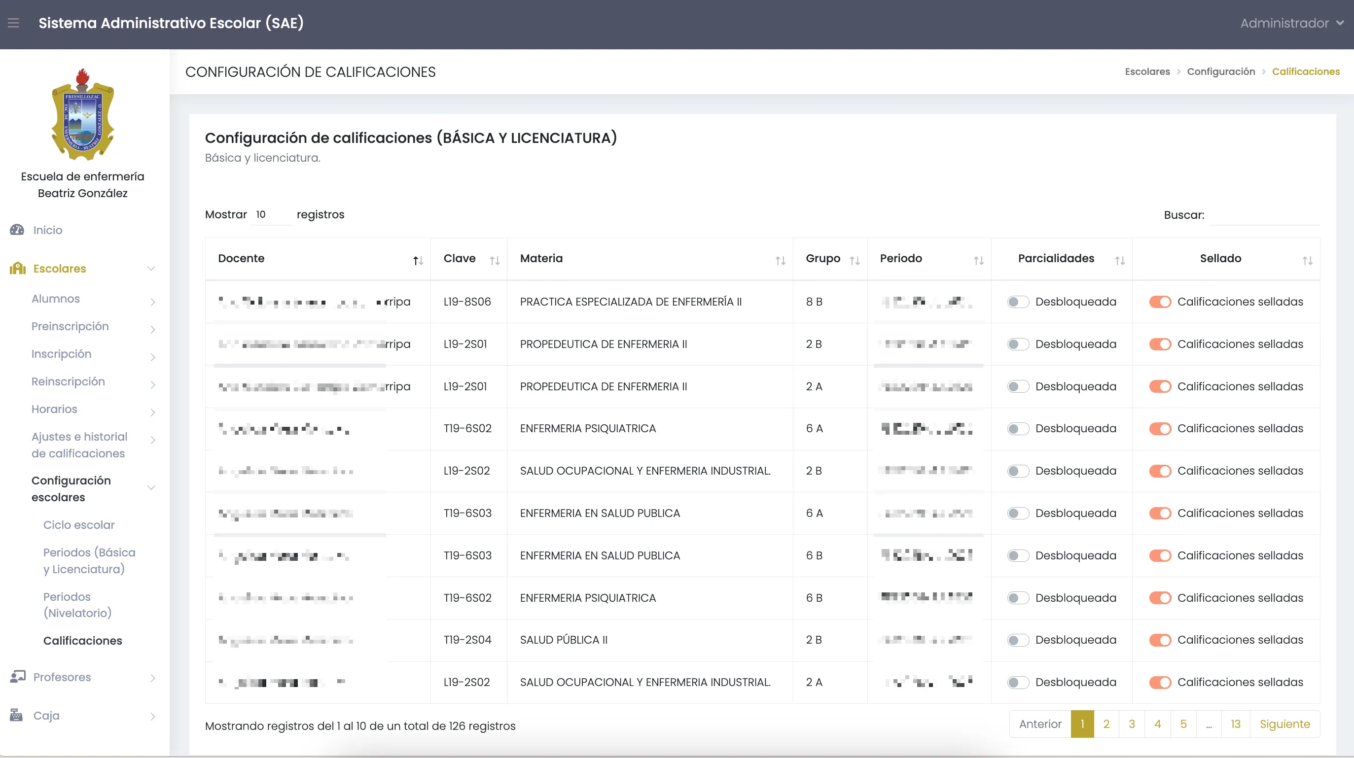 Configuración de los criterios de calificación del ciclo escolar.