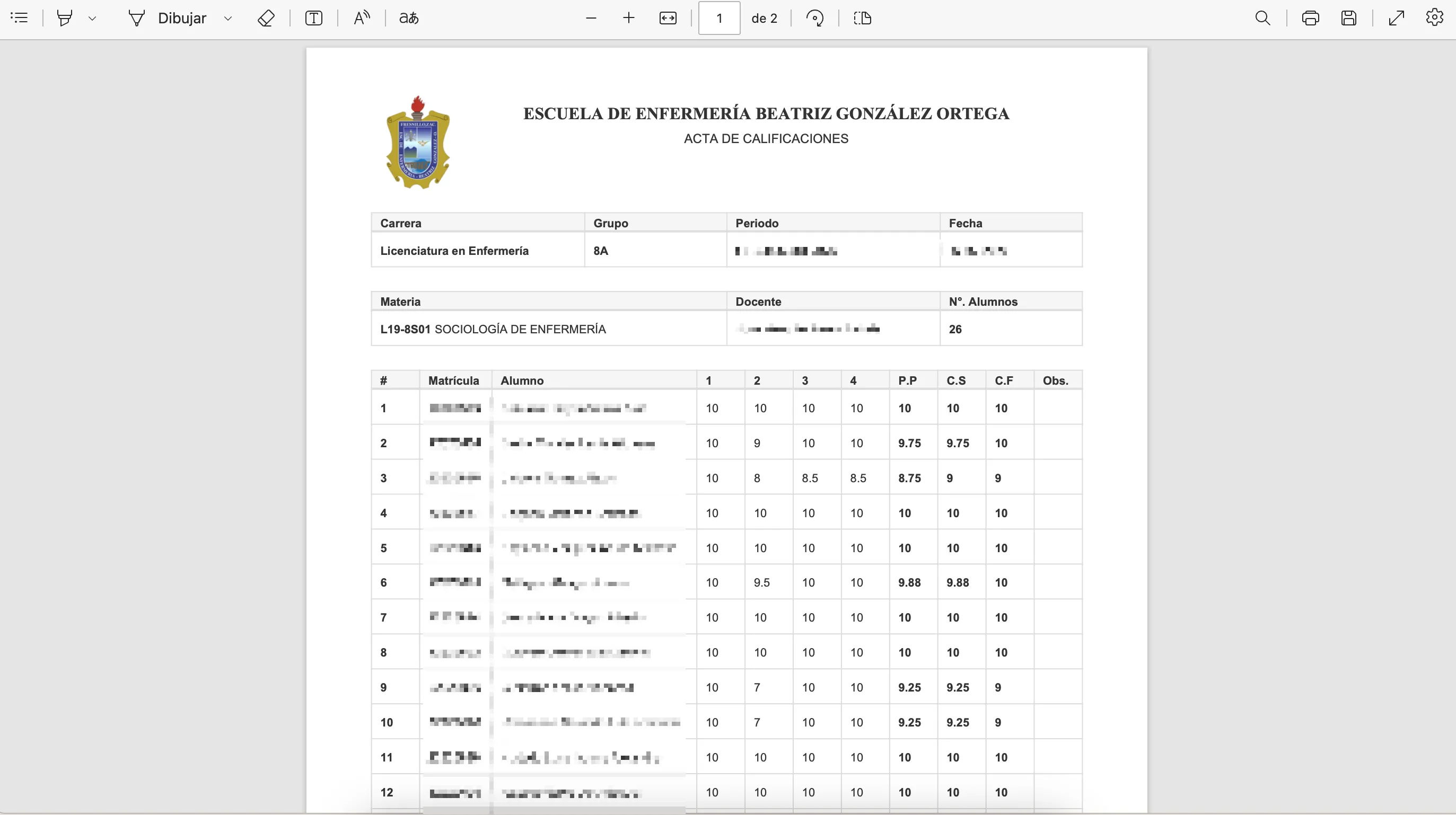 Acta de calificaciones generada en PDF, lista para imprimir.