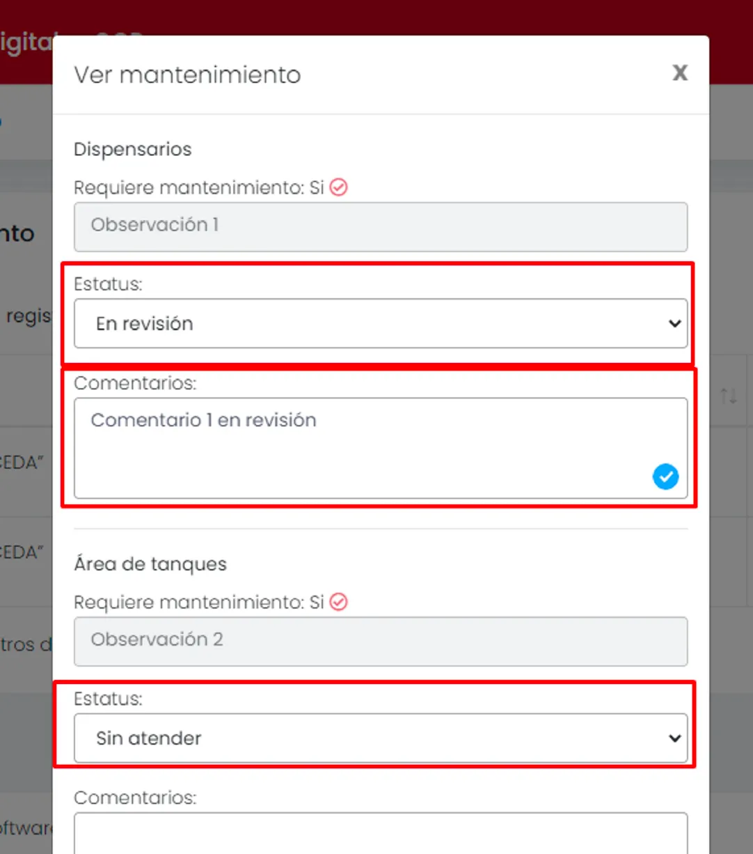 Revisión de un mantenimiento con los comentarios del responsable.