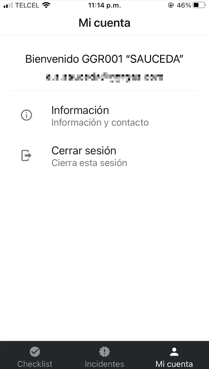 Pantalla de cuenta en la app móvil que usa el personal de patio.