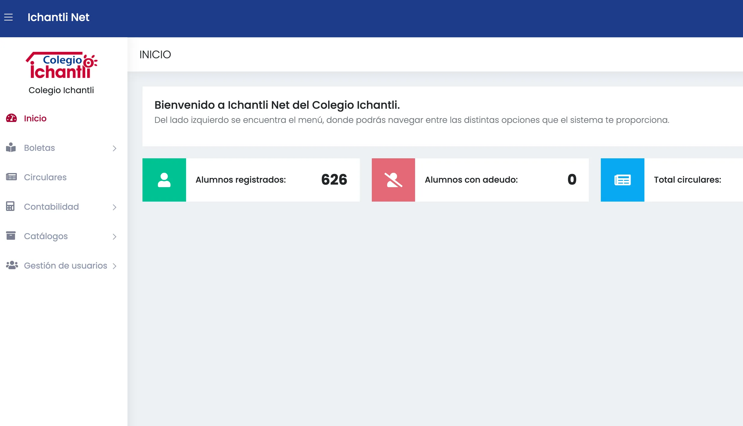 Tablero del colegio con alumnos registrados, adeudos y circulares enviadas.