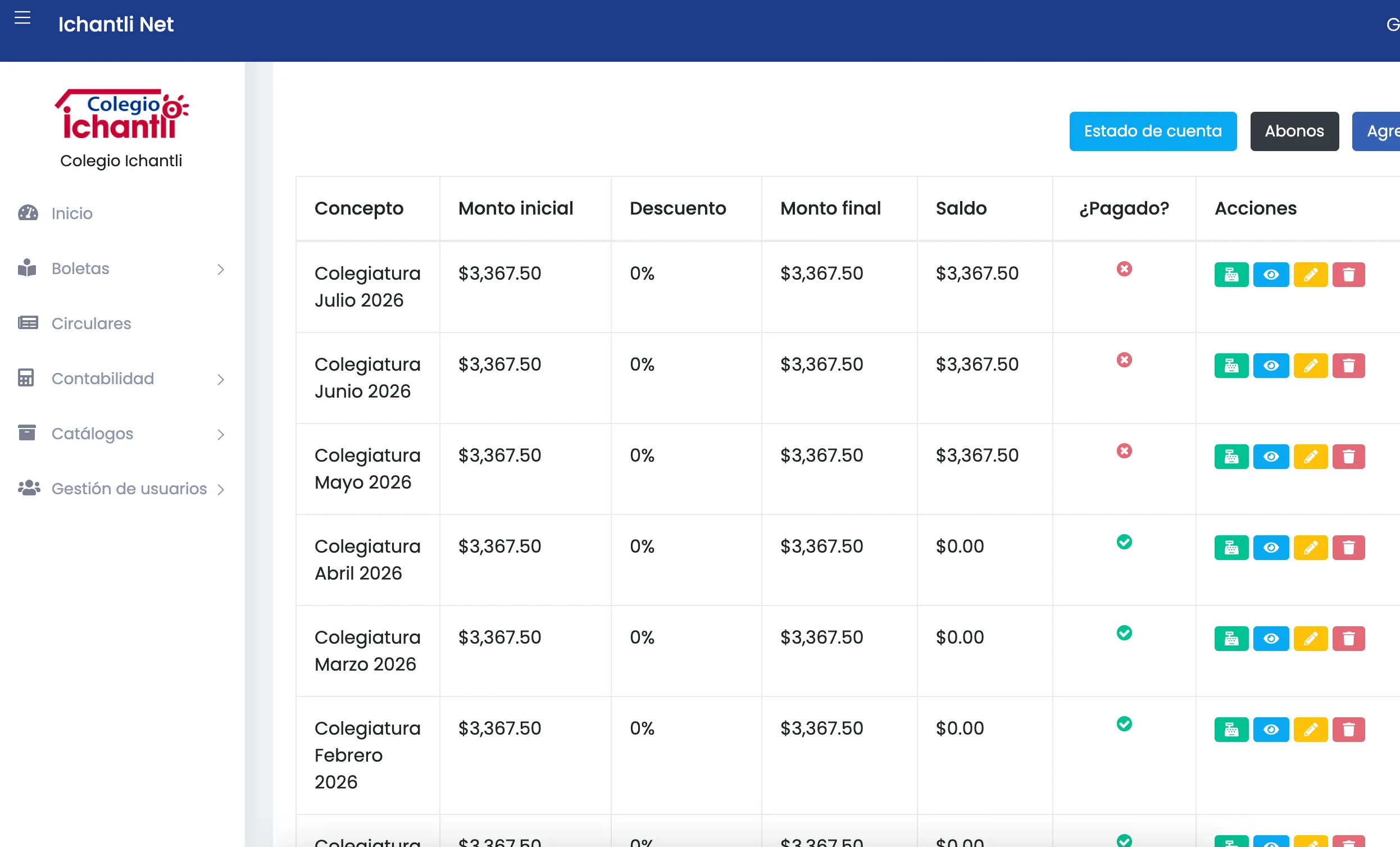 Estado de cuenta que los padres consultan desde su portal.