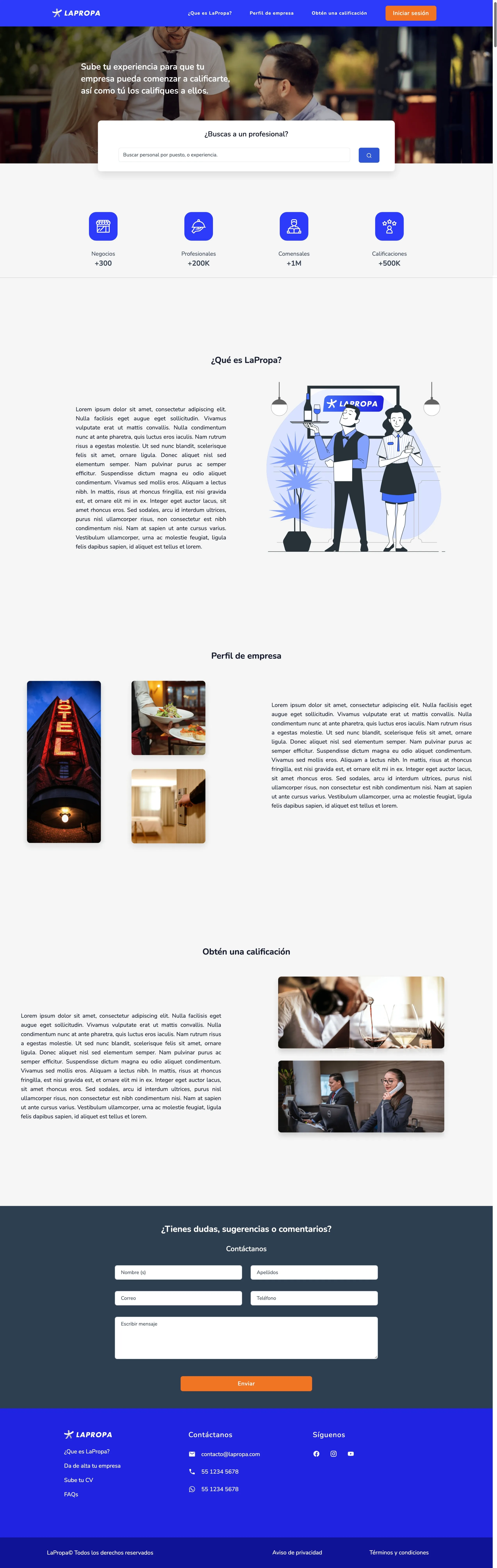 Portada de LaPropa con el buscador de vacantes de hotelería y restaurantes.