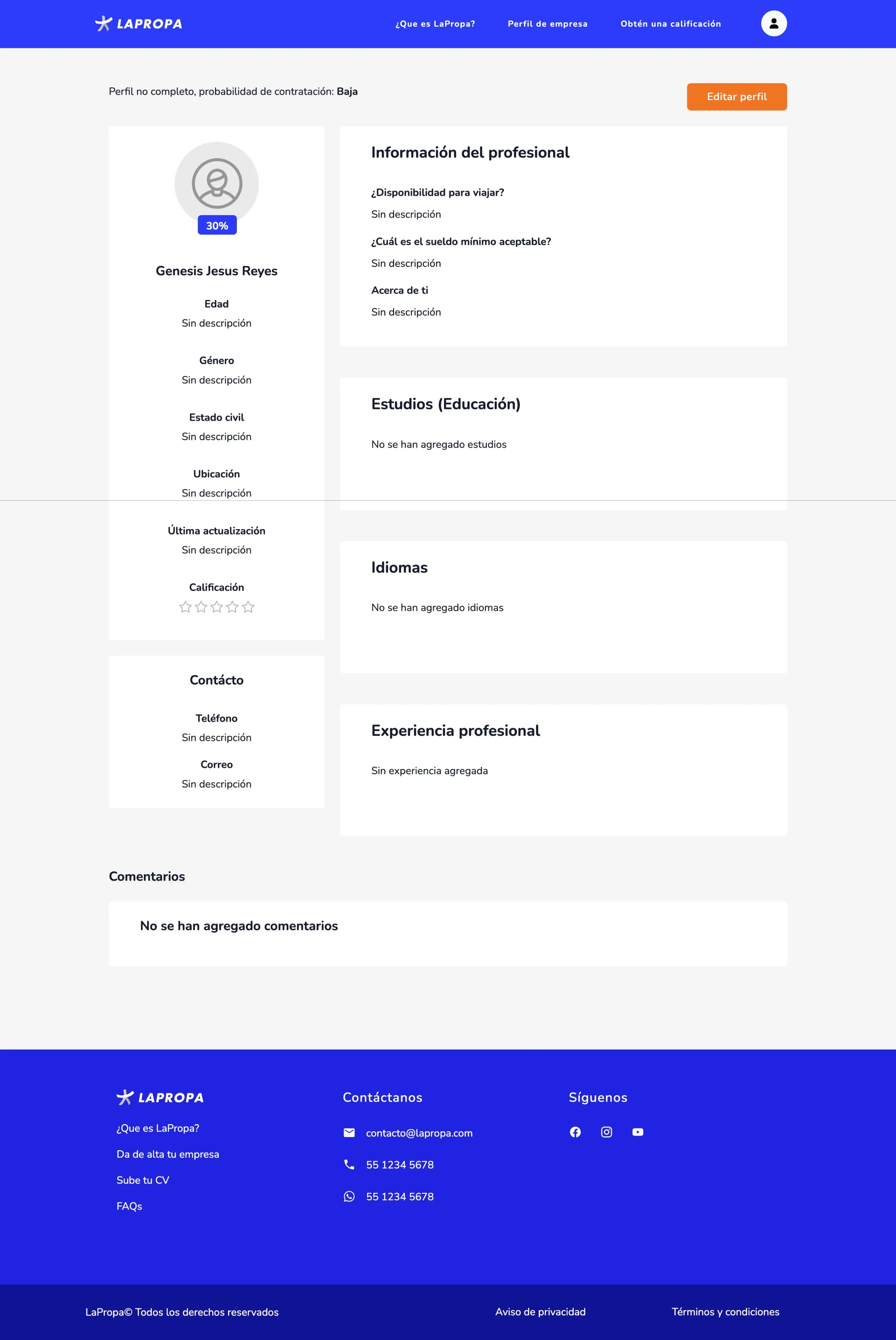 Perfil de un profesional en LaPropa, con su experiencia y valoraciones.