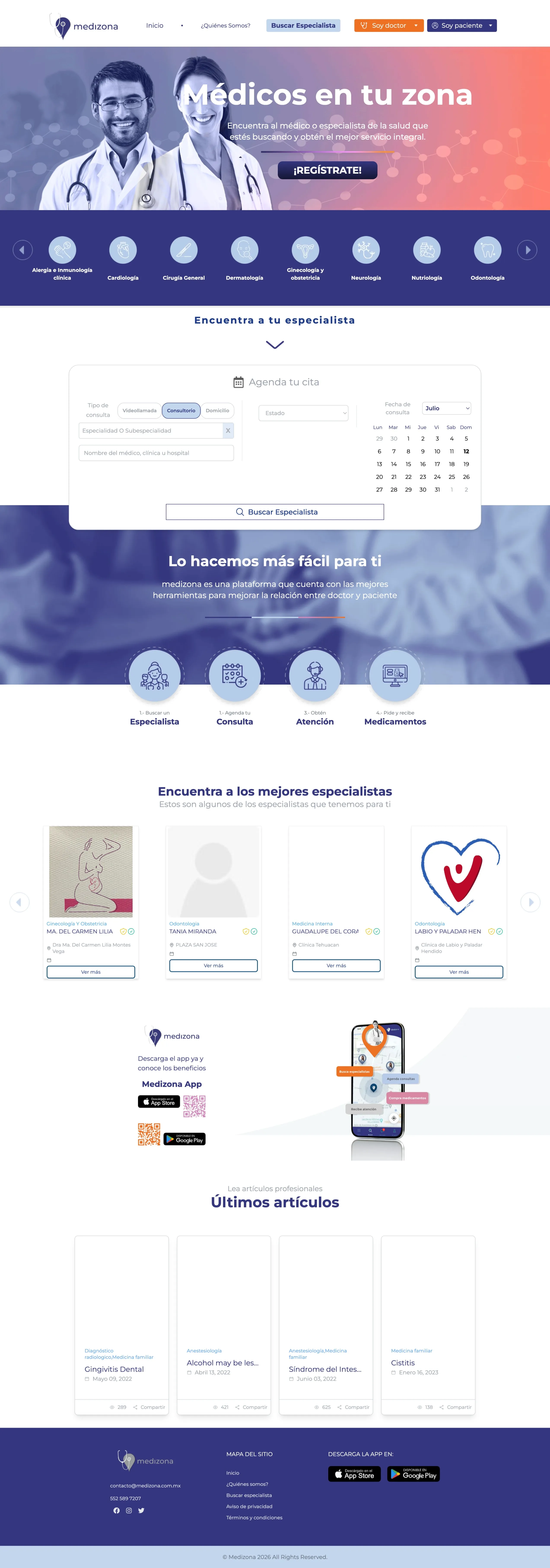 Portada de Medizona con el buscador de citas y los médicos destacados por especialidad.