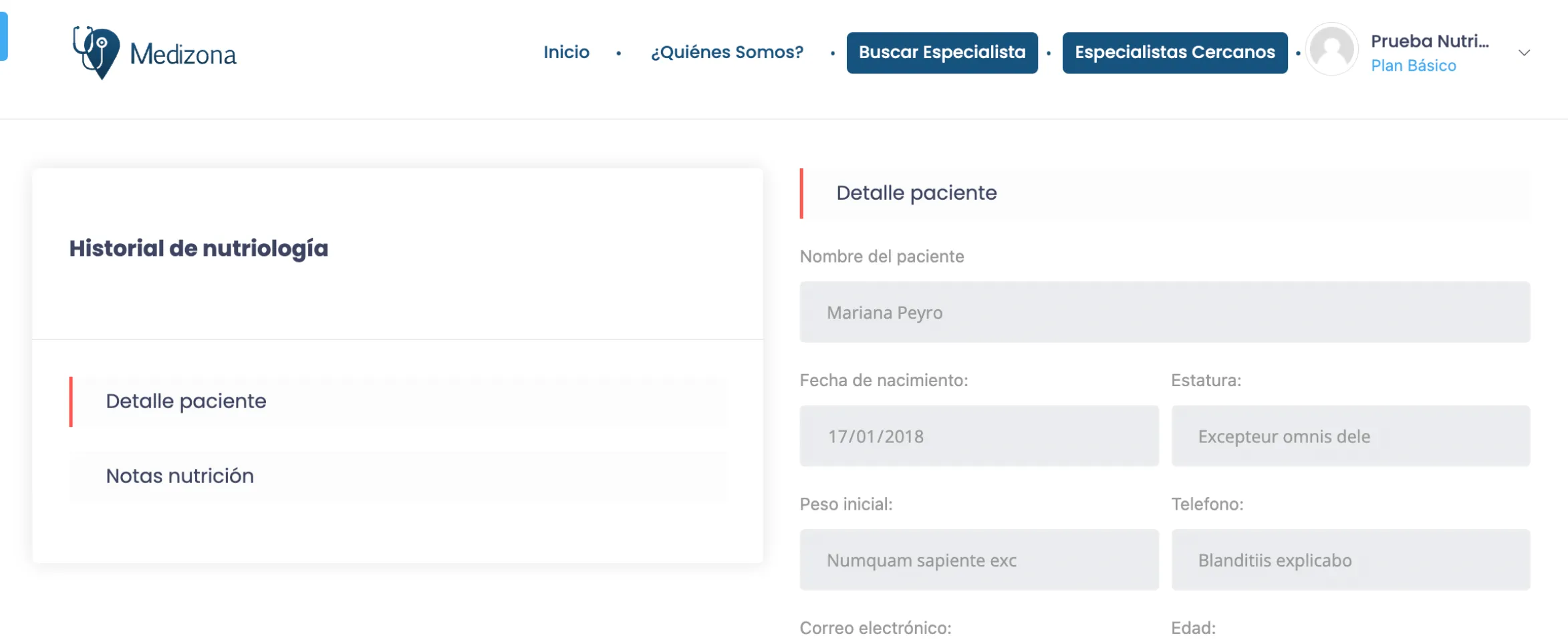 Seguimiento de nutriología con el historial de mediciones del paciente.
