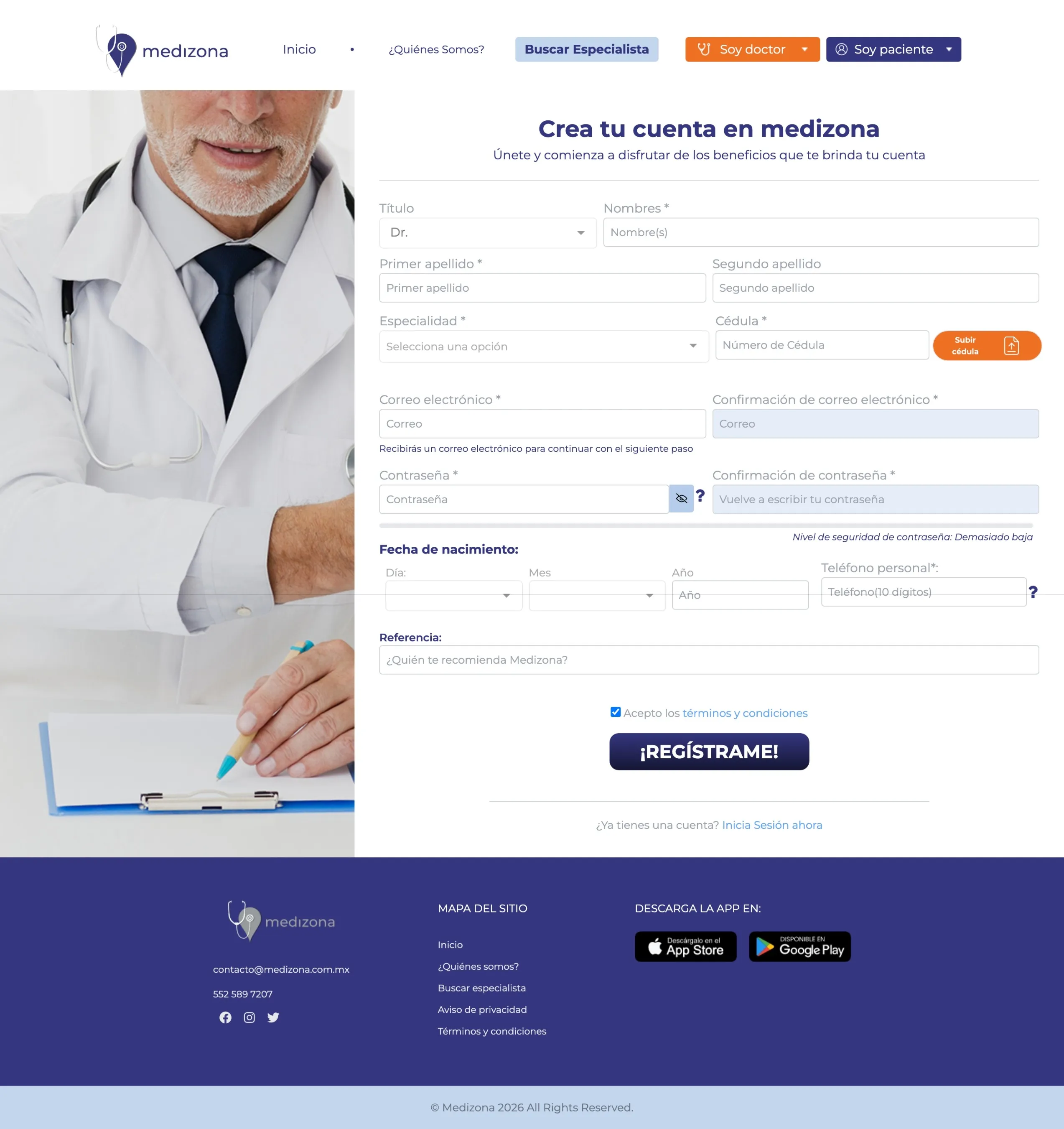 Registro de médicos en Medizona, con sus datos profesionales y especialidad.