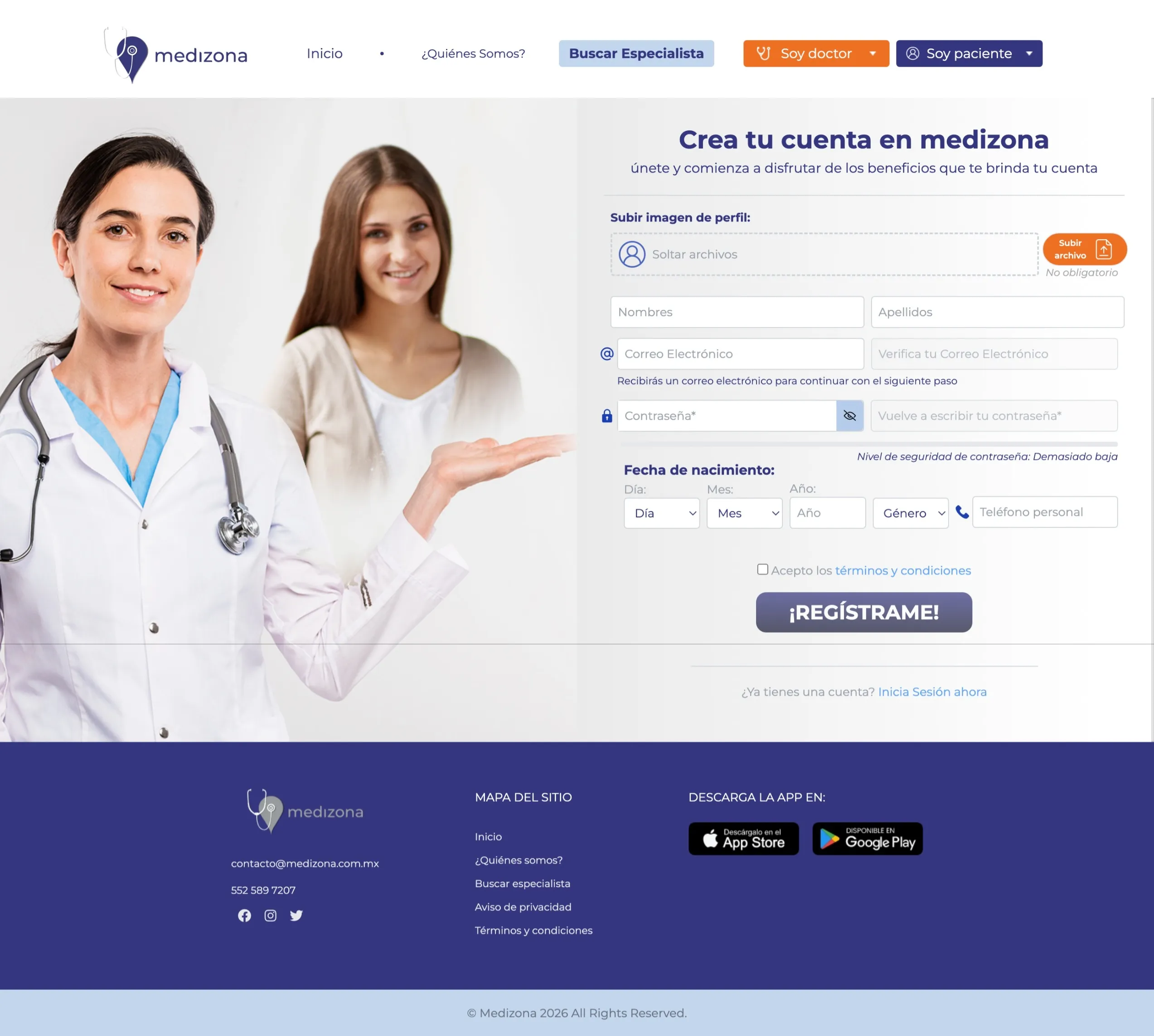 Registro de pacientes en Medizona.