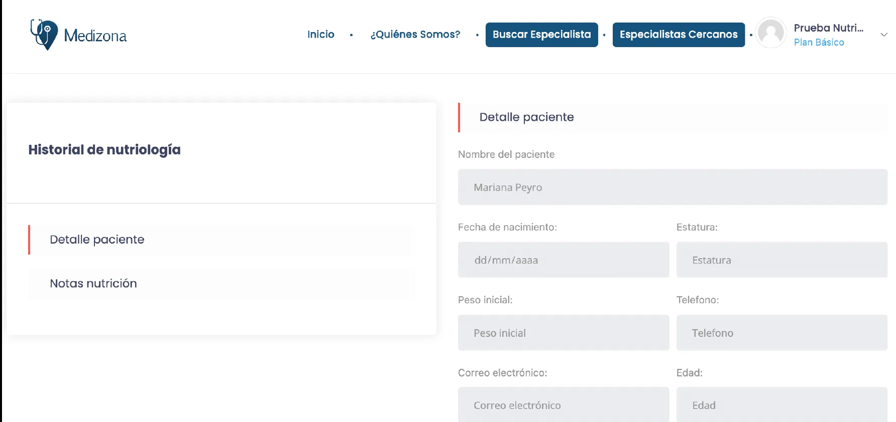 Historial de consultas de nutriología con el seguimiento del paciente.
