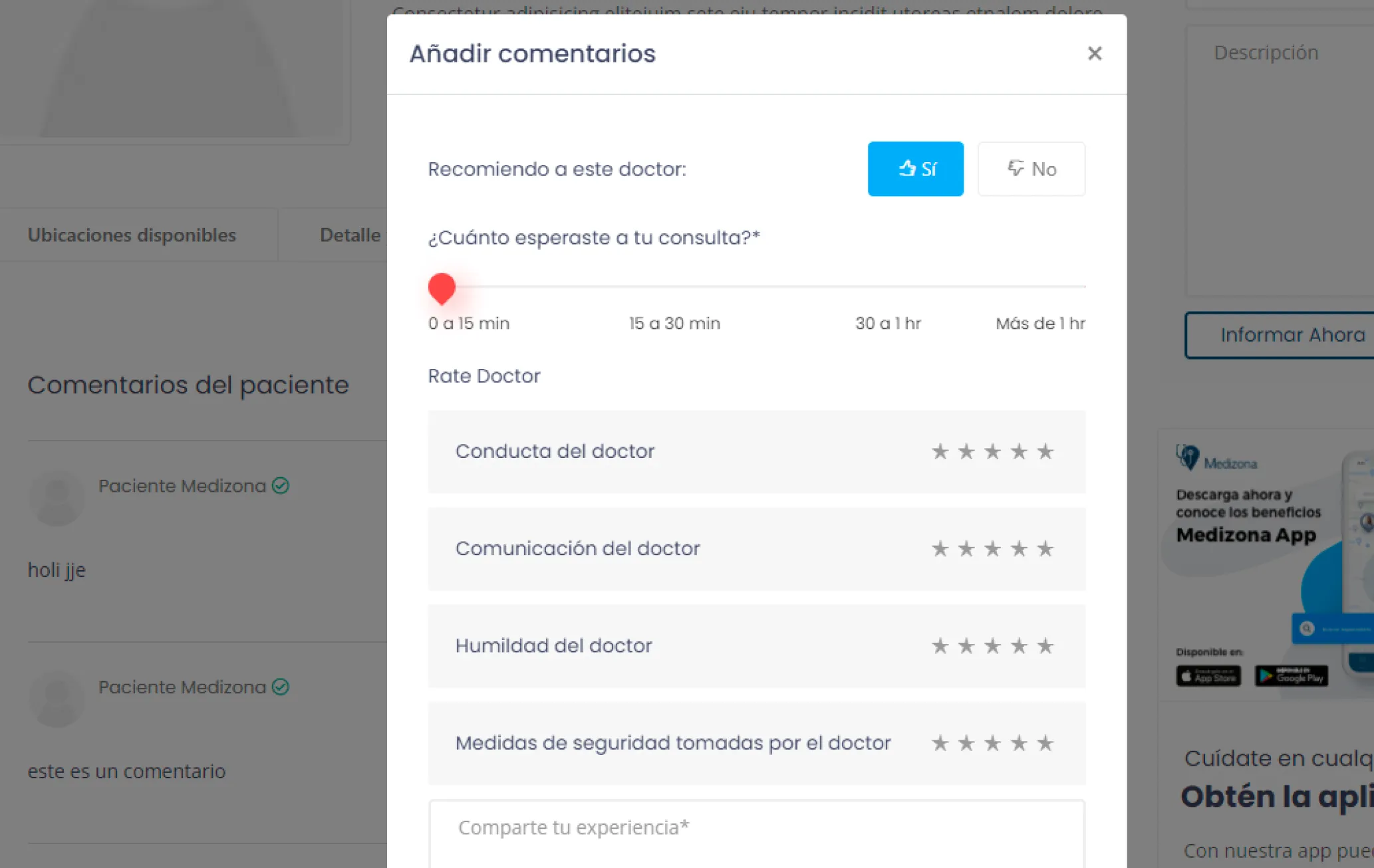 Comentarios y valoraciones de pacientes sobre un médico.