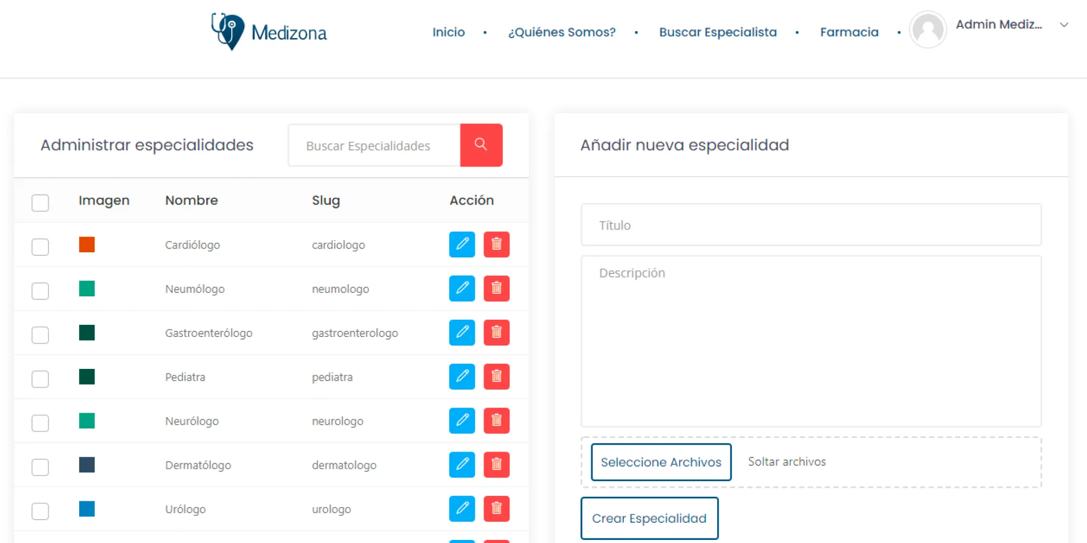 Administración del catálogo de especialidades médicas en Medizona.