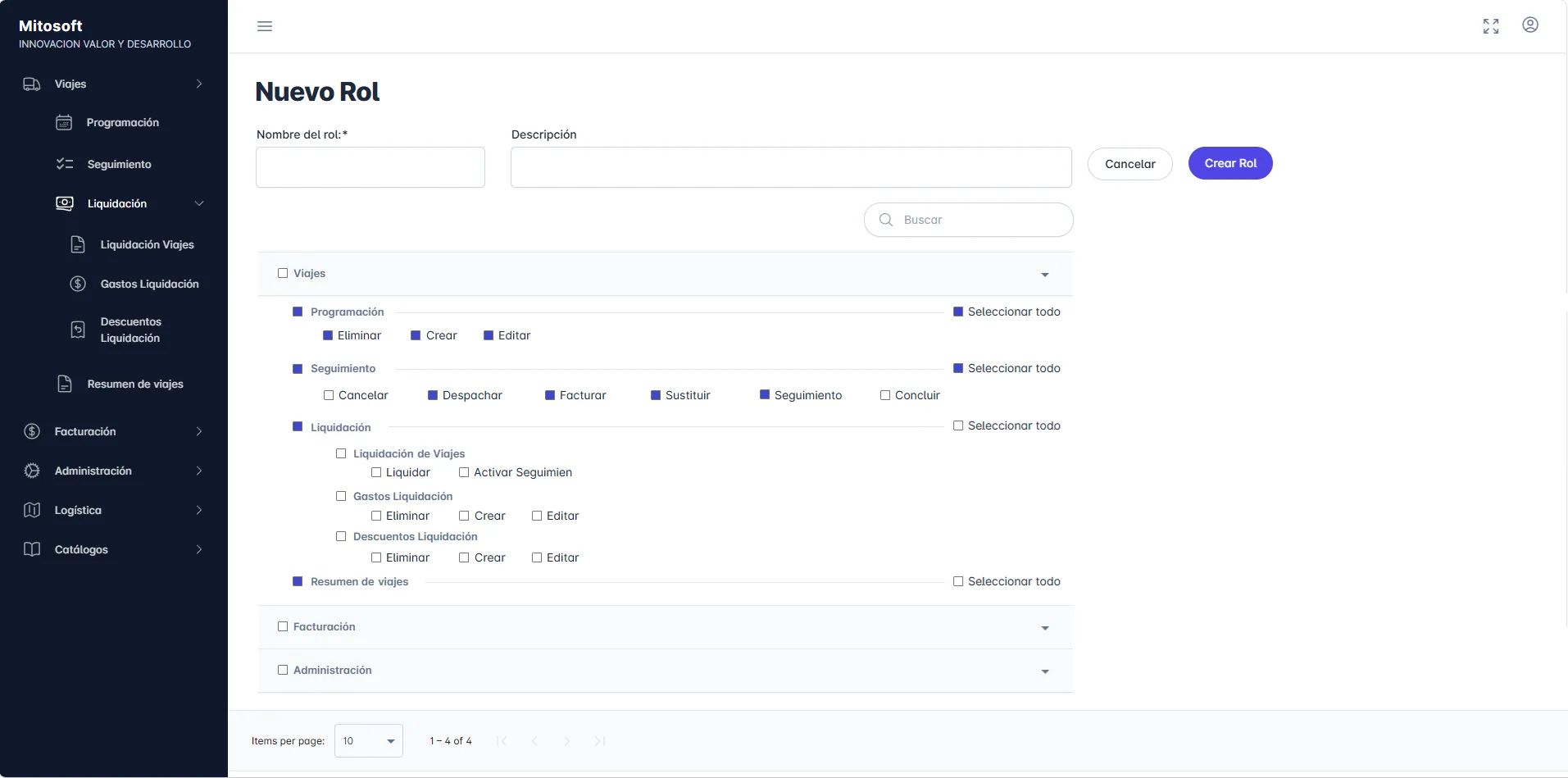 Formulario de creación de rol con árbol de permisos jerárquico por módulo.