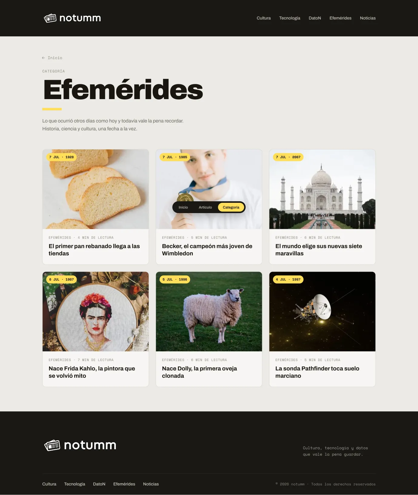 Sección de efemérides generada automáticamente y agrupada en cuadrícula.