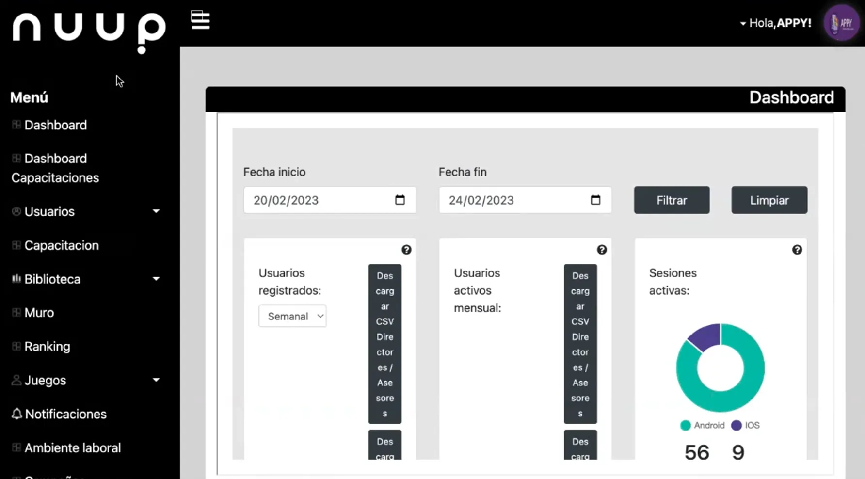 Dashboard de Nupi con indicadores de usuarios activos y distribución de sesiones por plataforma.