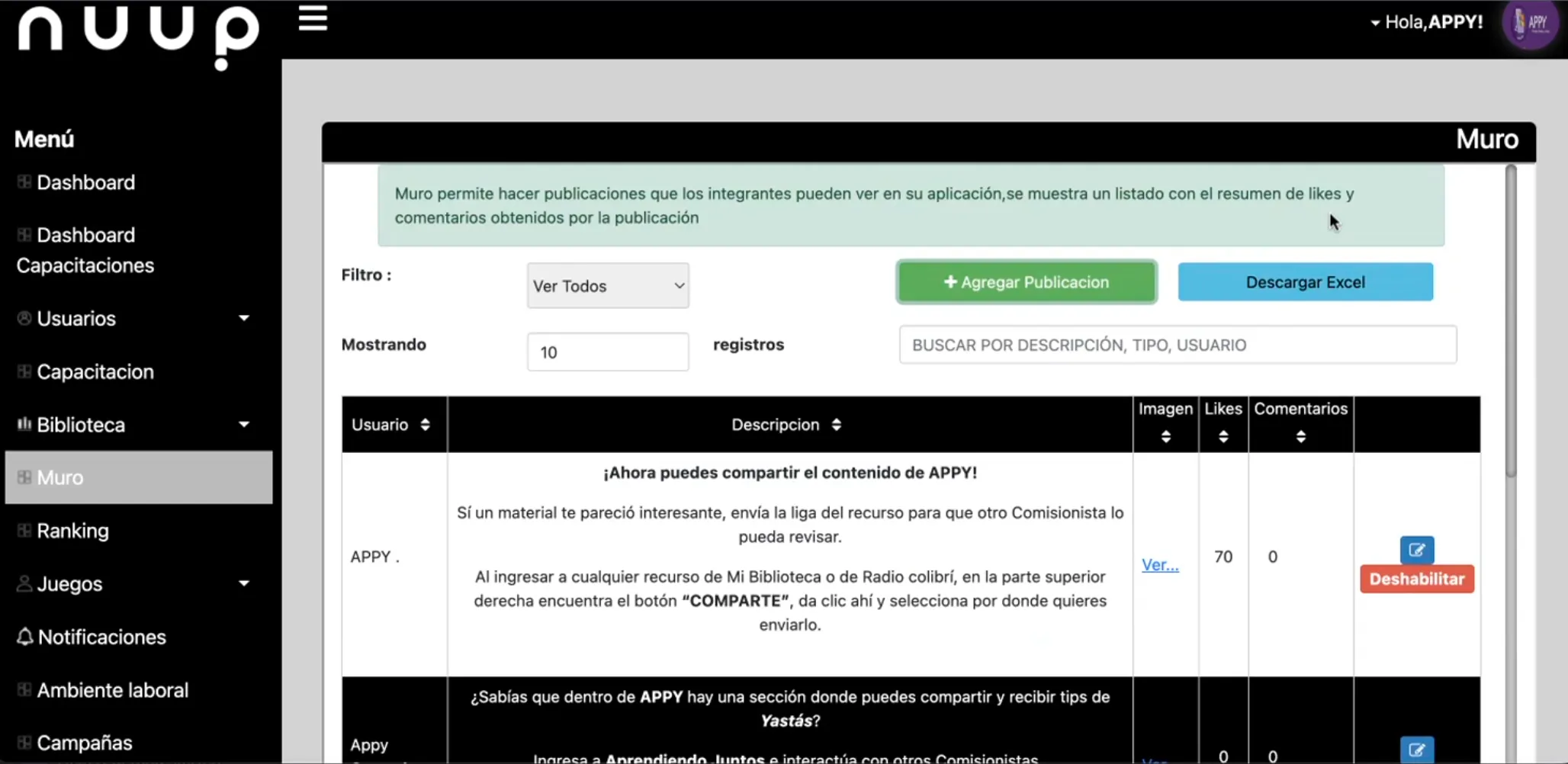 Administración del muro de publicaciones, con likes y comentarios por entrada.
