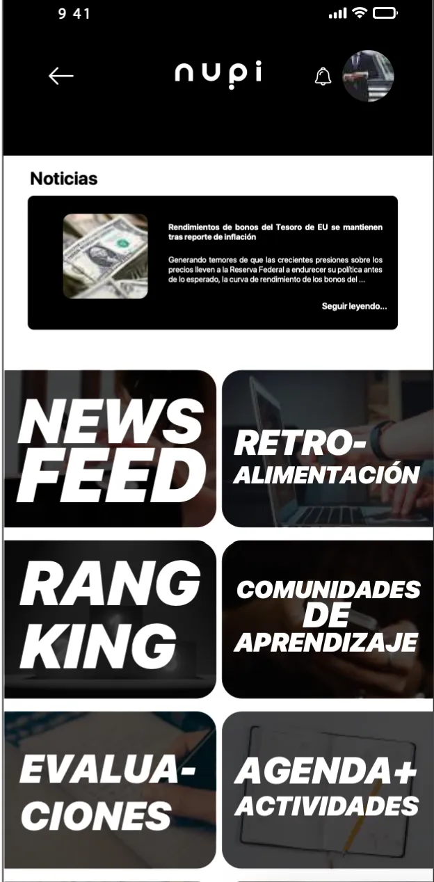 Pantalla principal de la app móvil de Nupi con noticias y accesos a evaluaciones y comunidades.