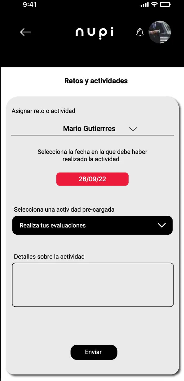 Formulario de retos y actividades en la app móvil de Nupi.